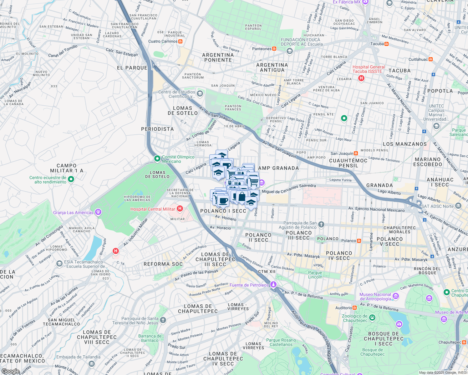 map of restaurants, bars, coffee shops, grocery stores, and more near 169 Miguel de Cervantes Saavedra in Ciudad de México