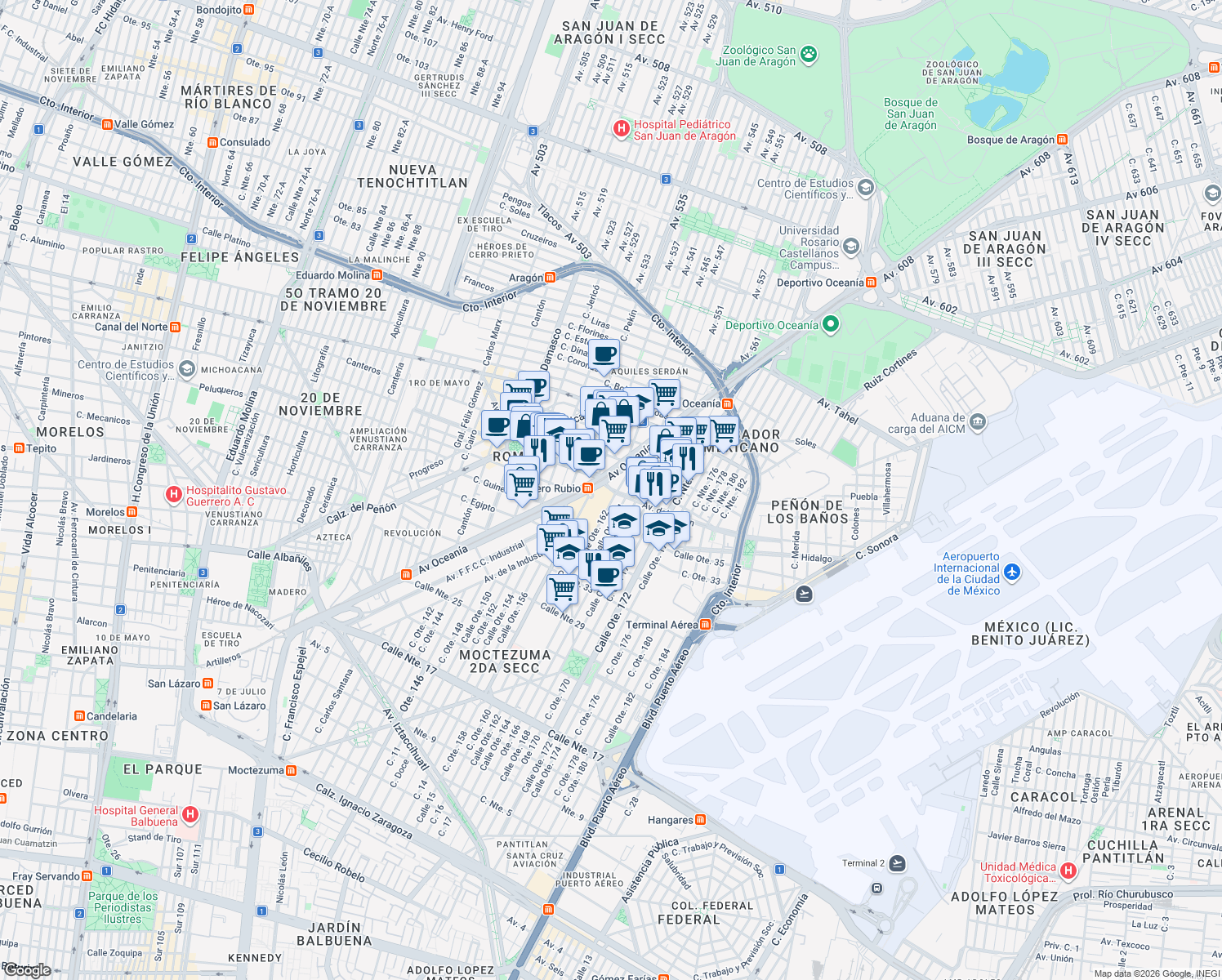 map of restaurants, bars, coffee shops, grocery stores, and more near 365 Avenida del Peñón in Ciudad de México