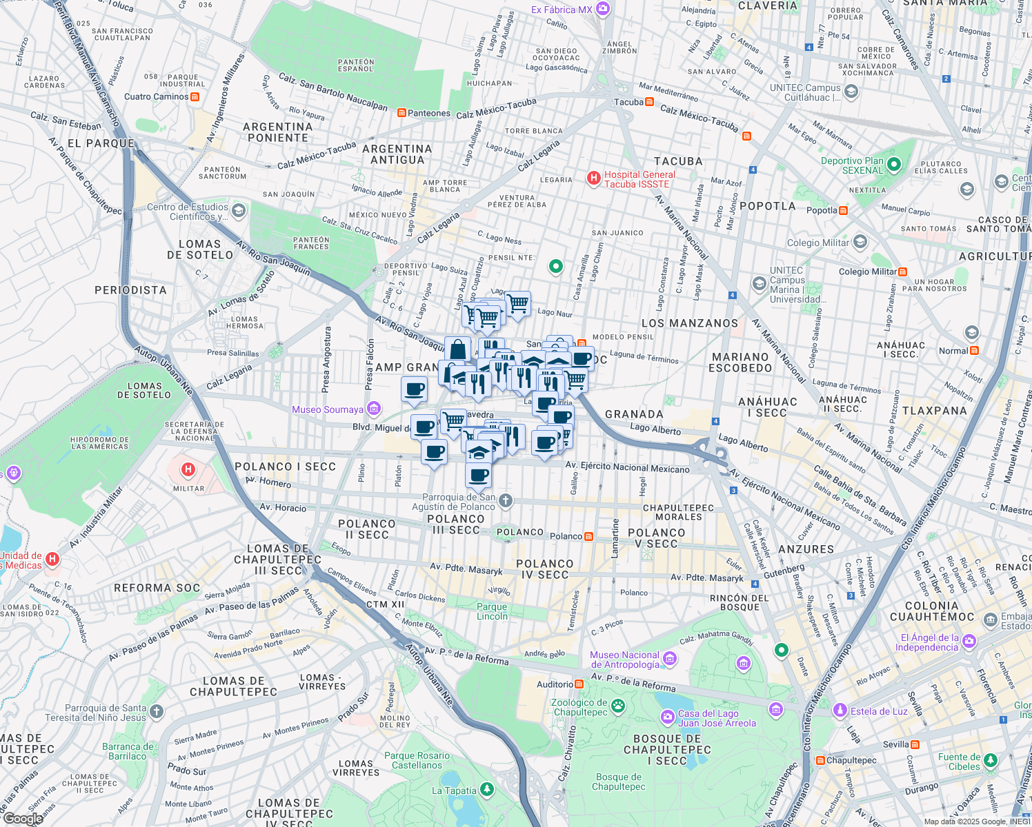 map of restaurants, bars, coffee shops, grocery stores, and more near 103 Boulevard Miguel de Cervantes Saavedra in Ciudad de México