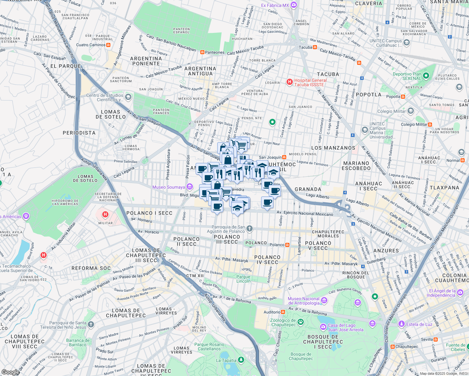 map of restaurants, bars, coffee shops, grocery stores, and more near 103 Boulevard Miguel de Cervantes Saavedra in Ciudad de México