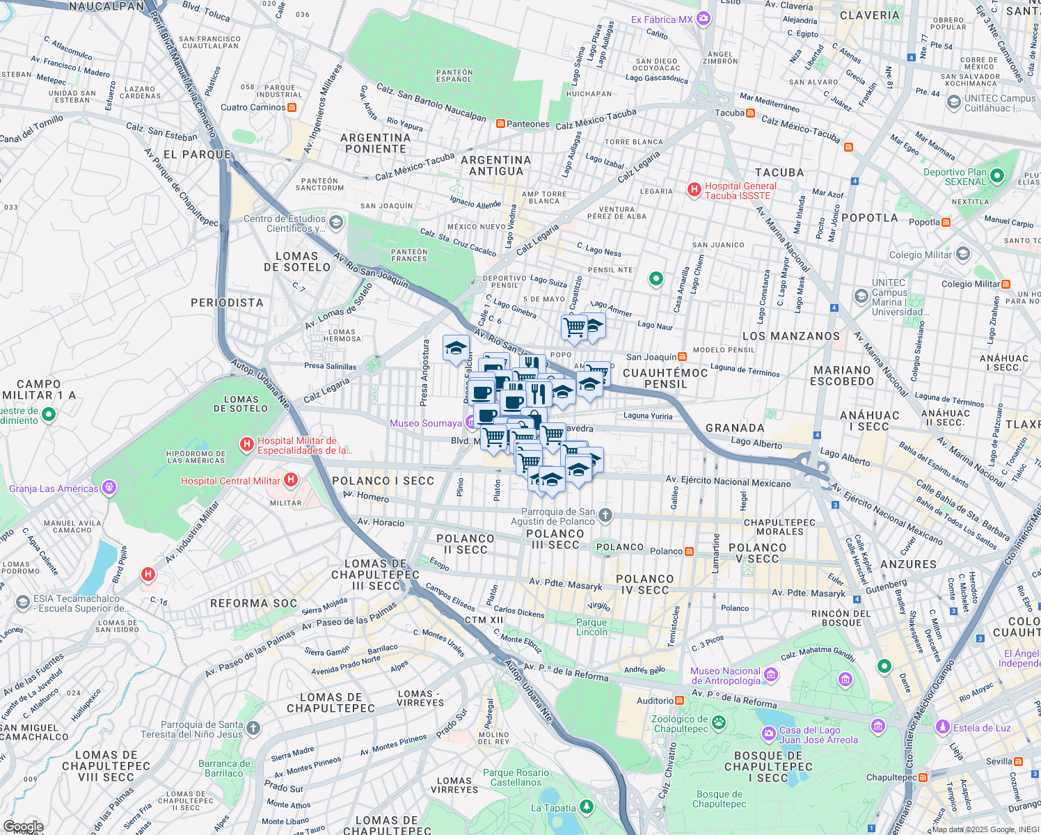 map of restaurants, bars, coffee shops, grocery stores, and more near 689 Cerrada F.F.C.C. de Cuernavaca in Ciudad de México