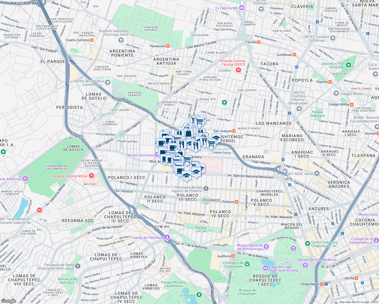 map of restaurants, bars, coffee shops, grocery stores, and more near 689 Cerrada F.F.C.C. de Cuernavaca in Ciudad de México