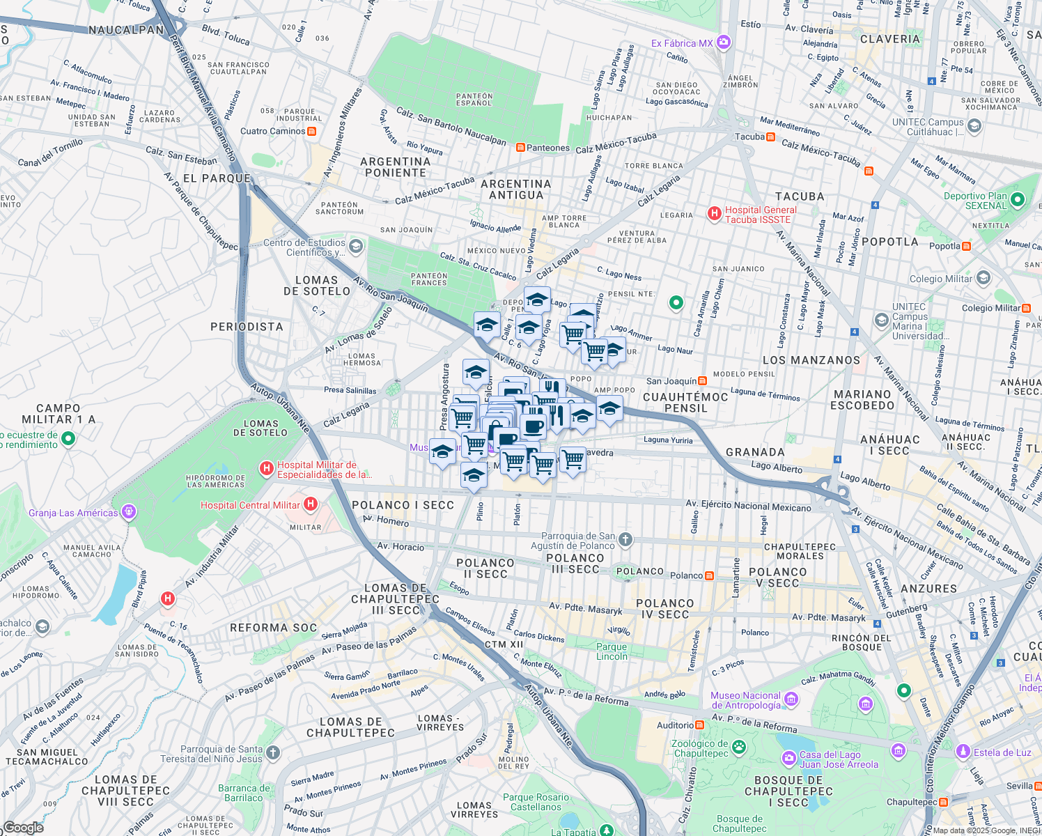 map of restaurants, bars, coffee shops, grocery stores, and more near 219 Calle Lago Zurich in Ciudad de México