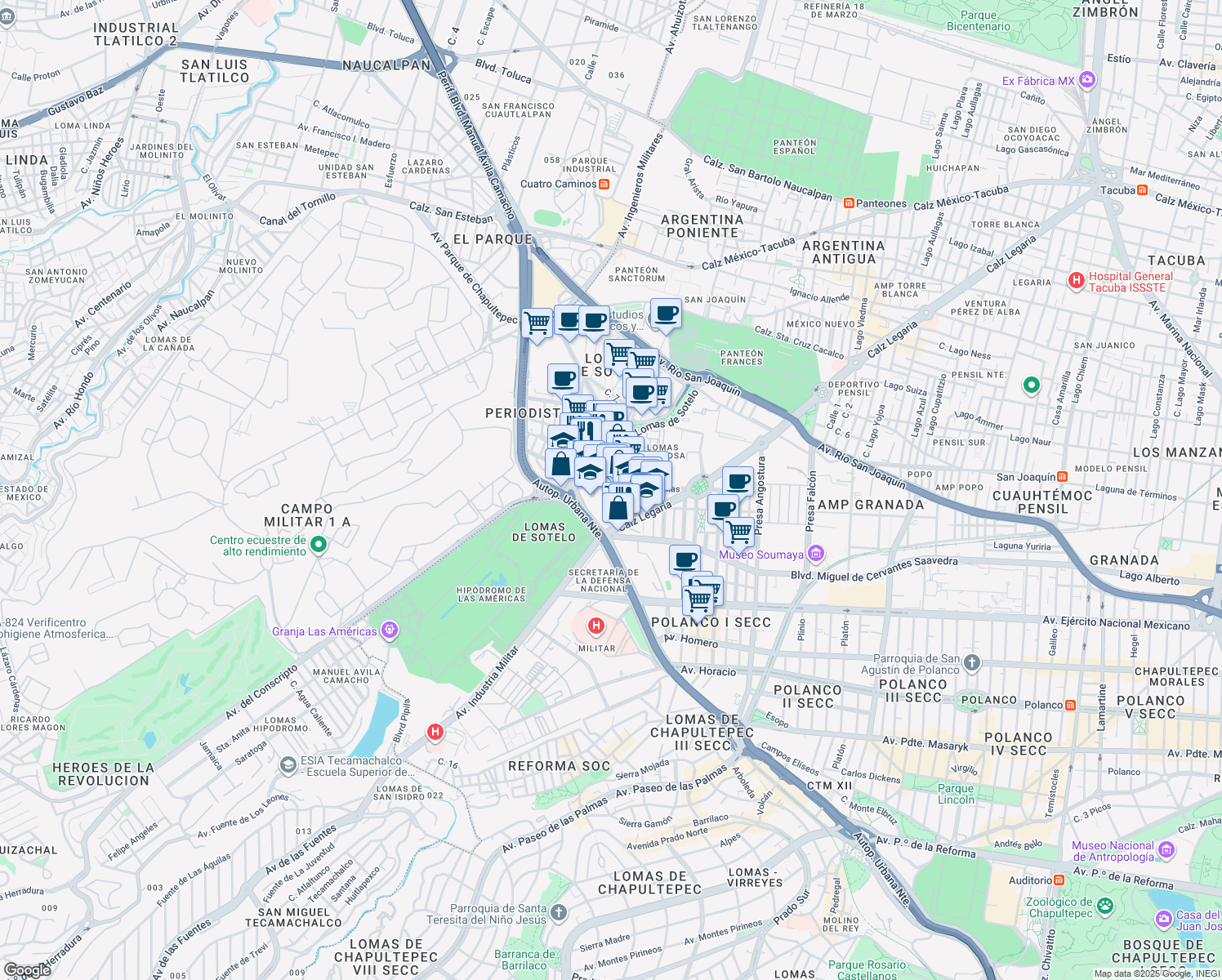 map of restaurants, bars, coffee shops, grocery stores, and more near Presa Salinillas in Ciudad de México