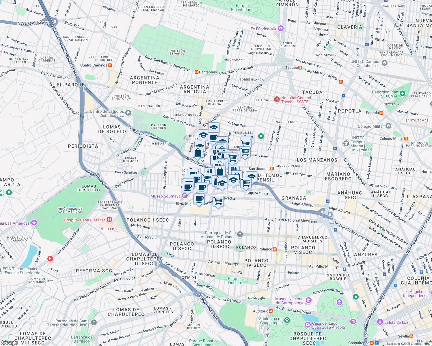 map of restaurants, bars, coffee shops, grocery stores, and more near 436 Avenida Río San Joaquín in Ciudad de México