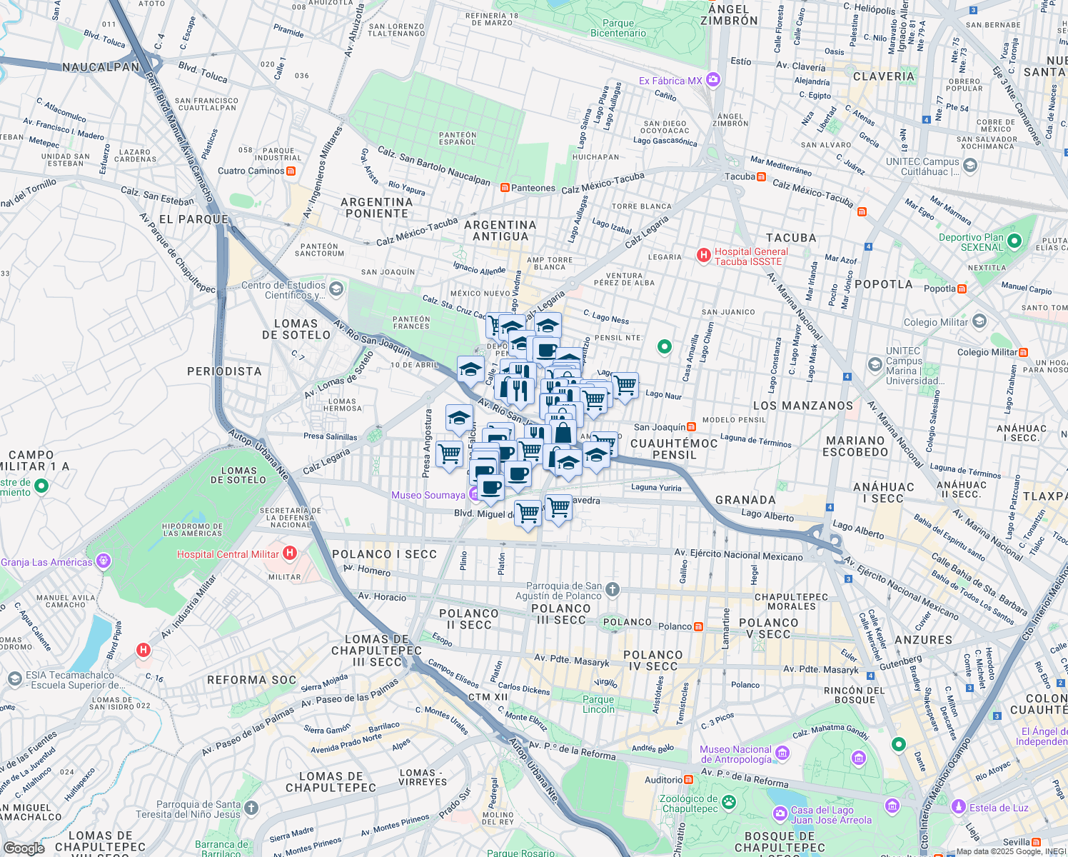 map of restaurants, bars, coffee shops, grocery stores, and more near 498 Avenida Río San Joaquín in Ciudad de México