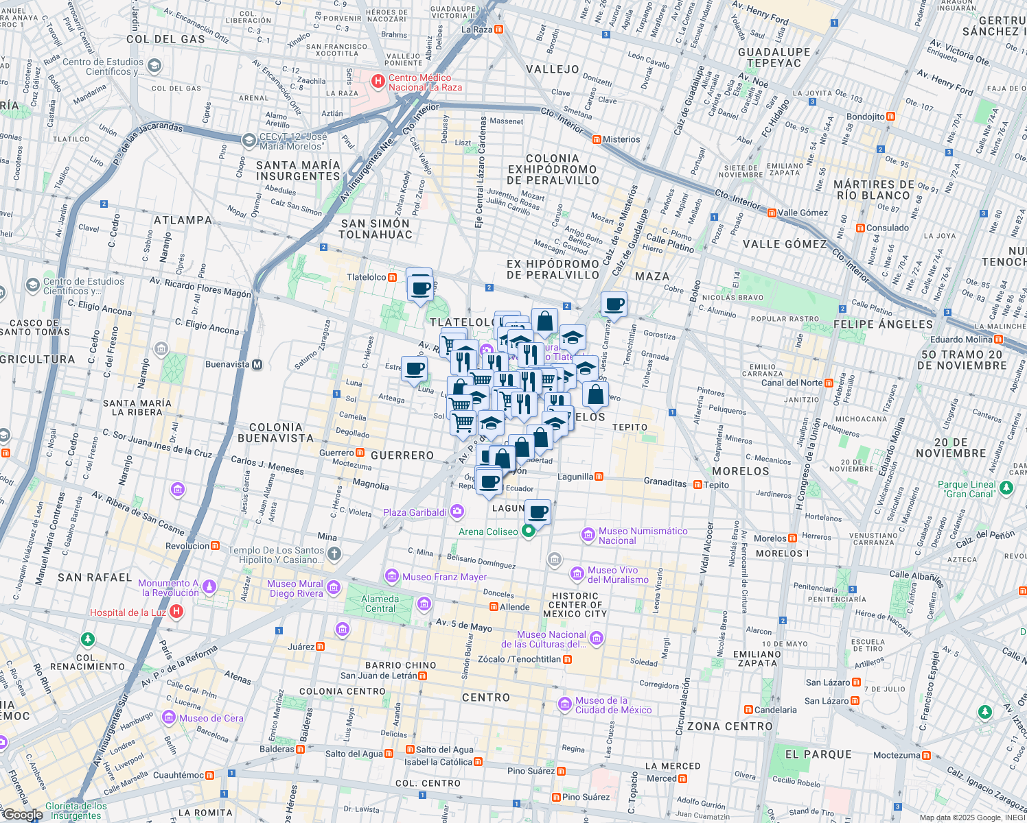 map of restaurants, bars, coffee shops, grocery stores, and more near 243 Paseo de la Reforma in Ciudad de México