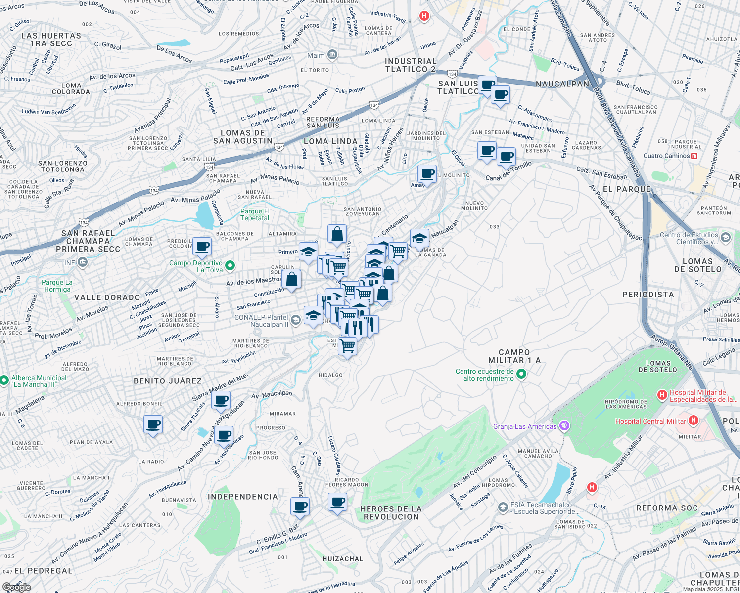 map of restaurants, bars, coffee shops, grocery stores, and more near 1 Huixquilucan in Naucalpan de Juárez