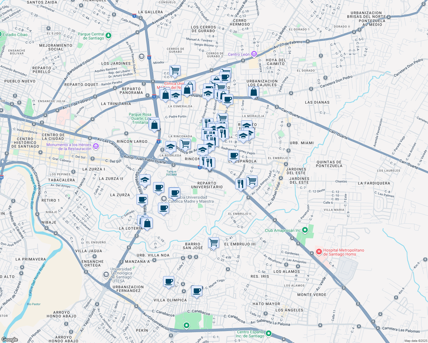 map of restaurants, bars, coffee shops, grocery stores, and more near Marginal Sur Autopista Duarte in Santiago De Los Caballeros