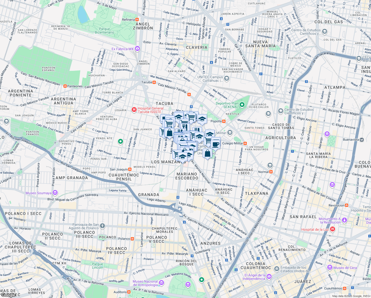 map of restaurants, bars, coffee shops, grocery stores, and more near 60 Avenida Marina Nacional in Ciudad de México