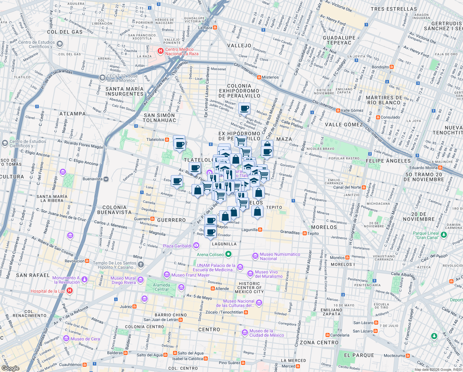 map of restaurants, bars, coffee shops, grocery stores, and more near 483 Paseo de La Reforma Norte in Ciudad de México