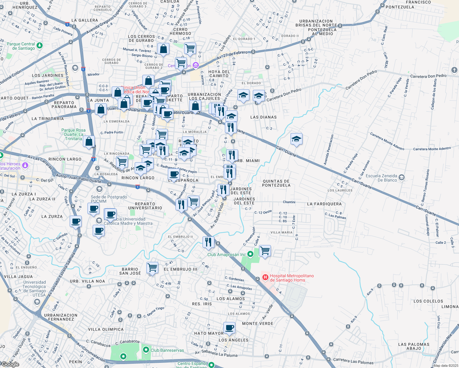 map of restaurants, bars, coffee shops, grocery stores, and more near Avenida Rafael Vidal in Santiago De Los Caballeros