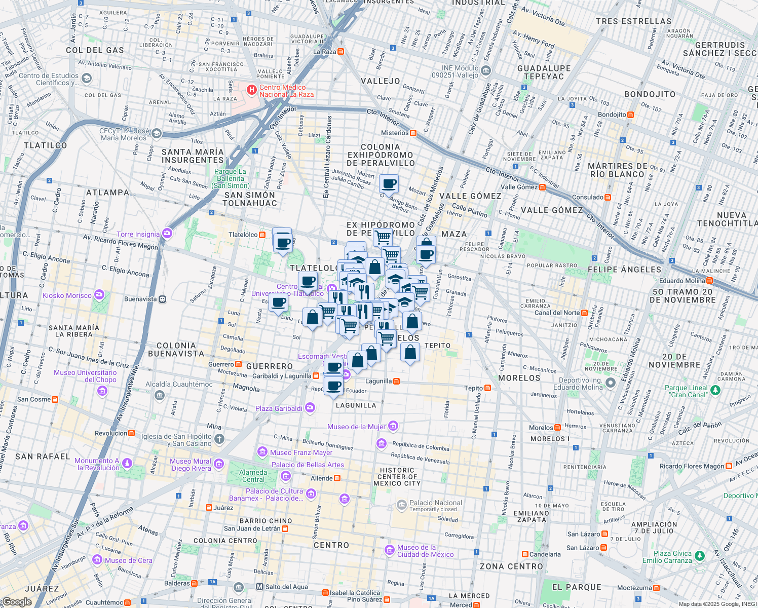 map of restaurants, bars, coffee shops, grocery stores, and more near 15 Avenida Paseo de la Reforma in Ciudad de México