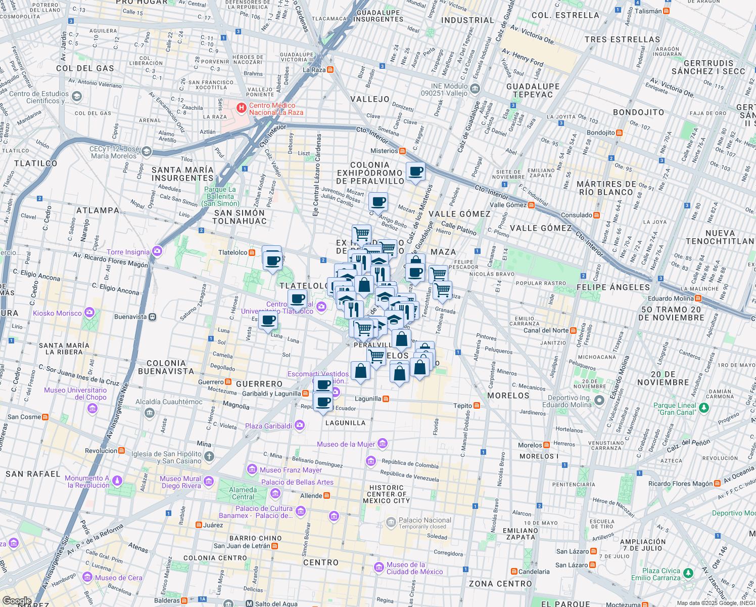map of restaurants, bars, coffee shops, grocery stores, and more near Avenida Paseo de la Reforma in Ciudad de México