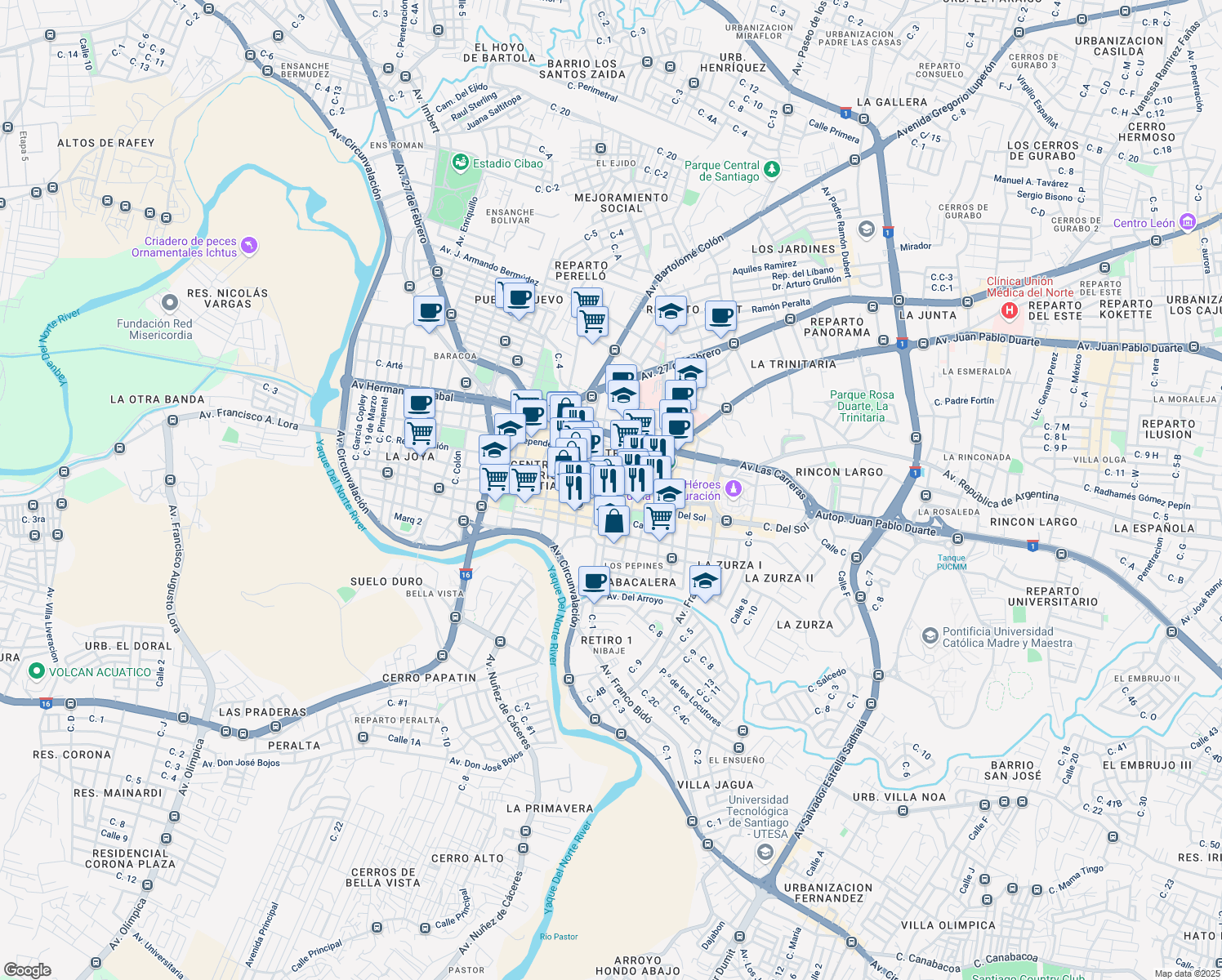 map of restaurants, bars, coffee shops, grocery stores, and more near Calle Beller in Santiago de los Caballeros