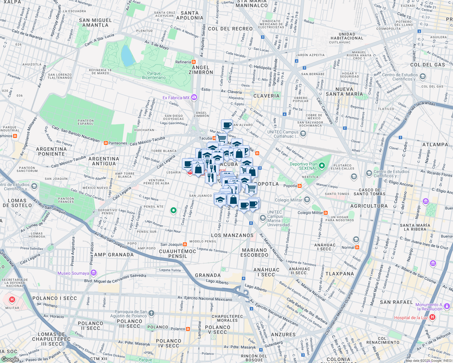 map of restaurants, bars, coffee shops, grocery stores, and more near 60 Avenida Marina Nacional in Ciudad de México