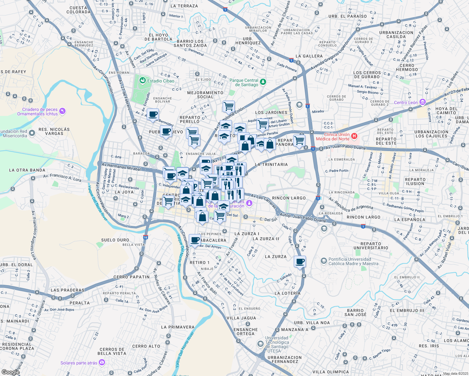 map of restaurants, bars, coffee shops, grocery stores, and more near Calle R. Cesar Tolentino in Santiago De Los Caballeros