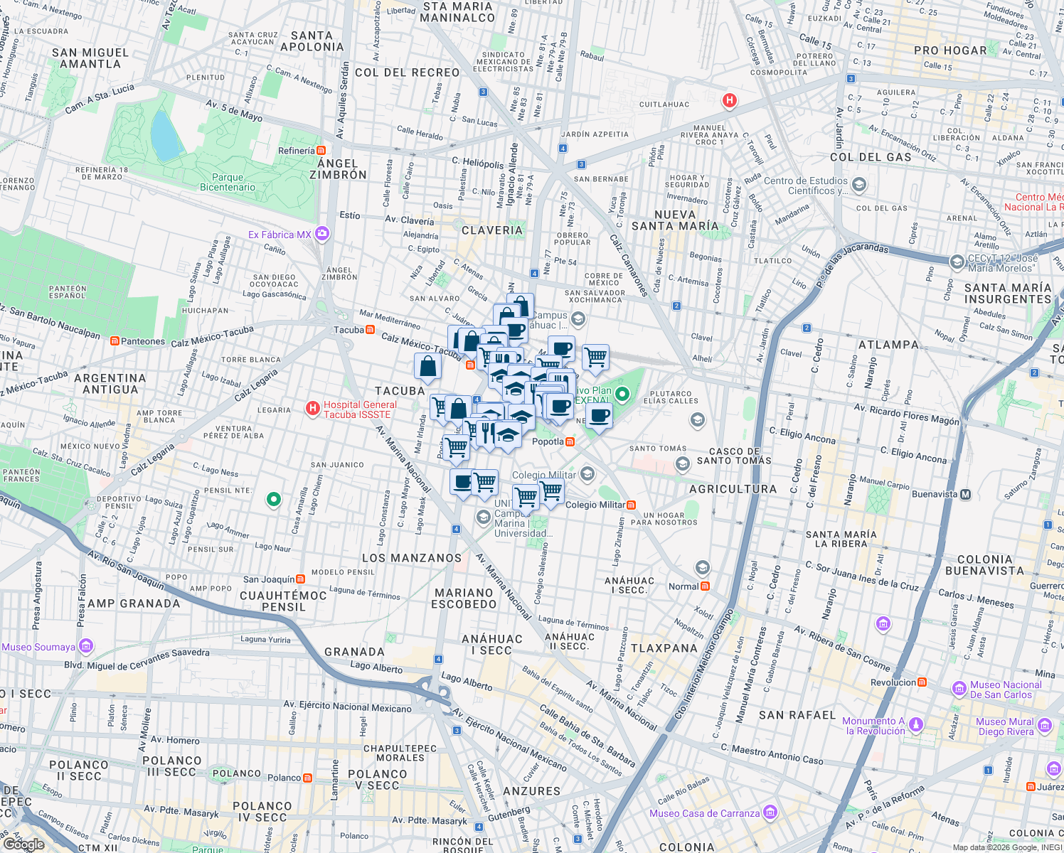 map of restaurants, bars, coffee shops, grocery stores, and more near Calle Cañitas in Ciudad de México