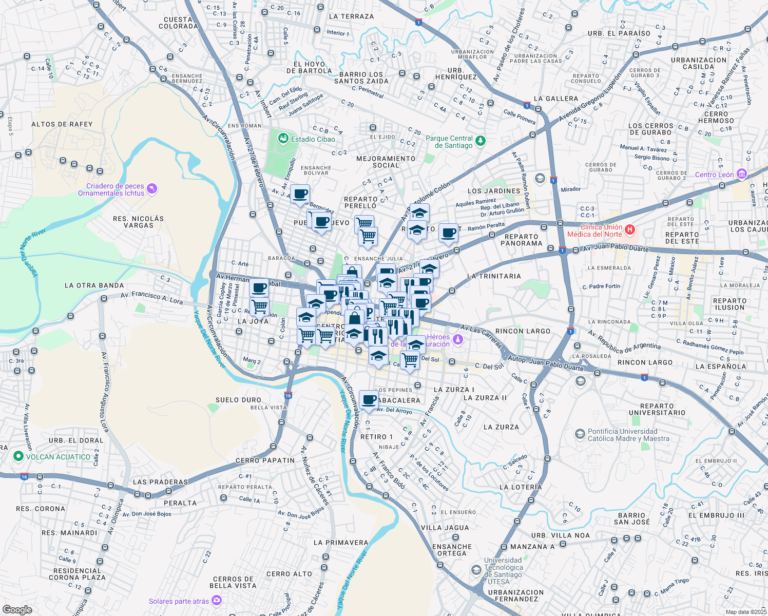 map of restaurants, bars, coffee shops, grocery stores, and more near Avenida Las Carreras in Santiago De Los Caballeros