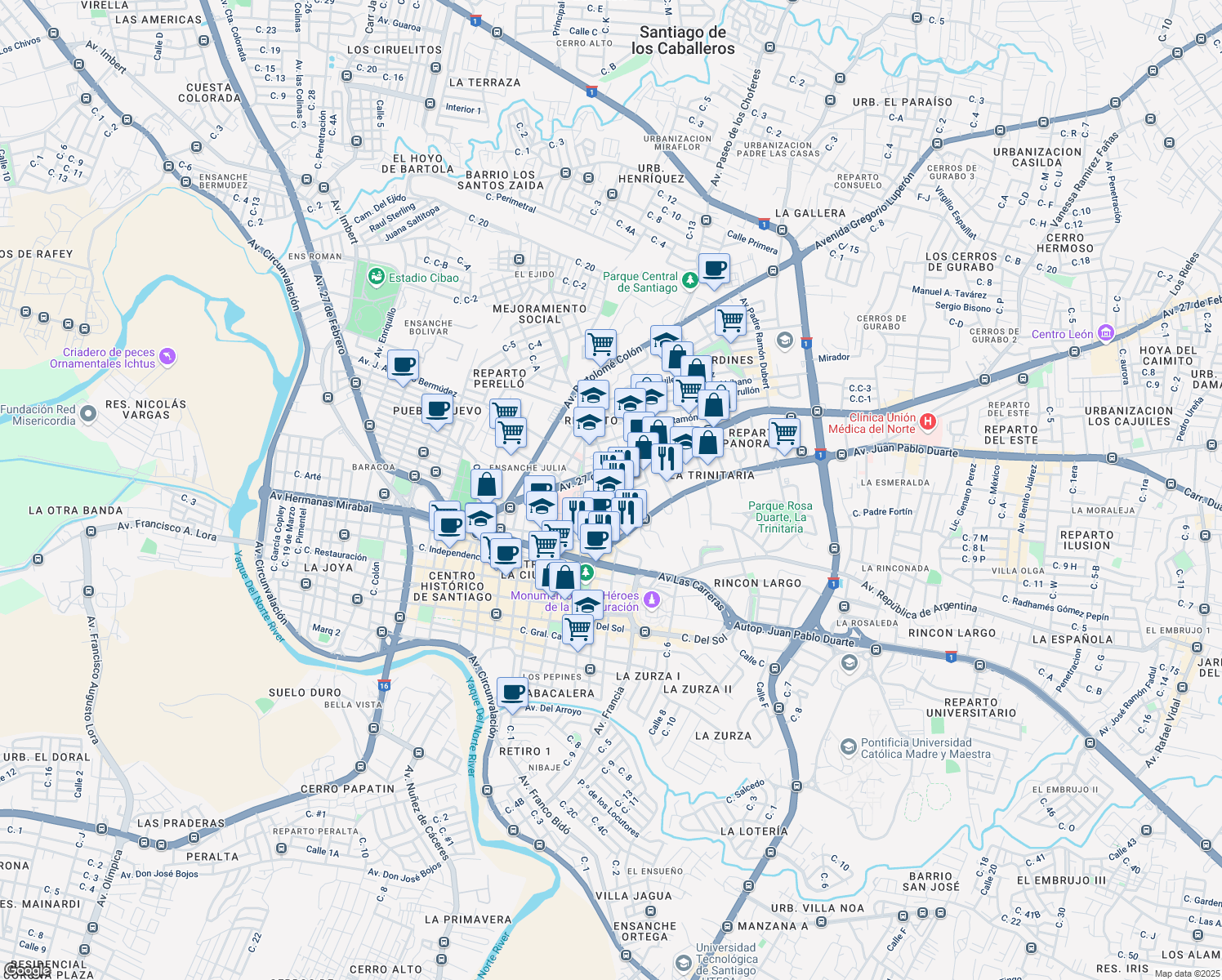 map of restaurants, bars, coffee shops, grocery stores, and more near Calle Hostos in Santiago De Los Caballeros