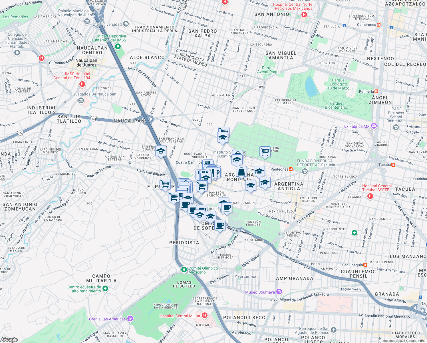 map of restaurants, bars, coffee shops, grocery stores, and more near 30 Avenida Ingenieros Militares in Naucalpan de Juárez
