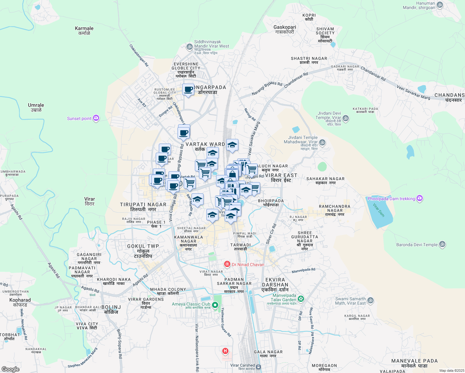 map of restaurants, bars, coffee shops, grocery stores, and more near in Virar