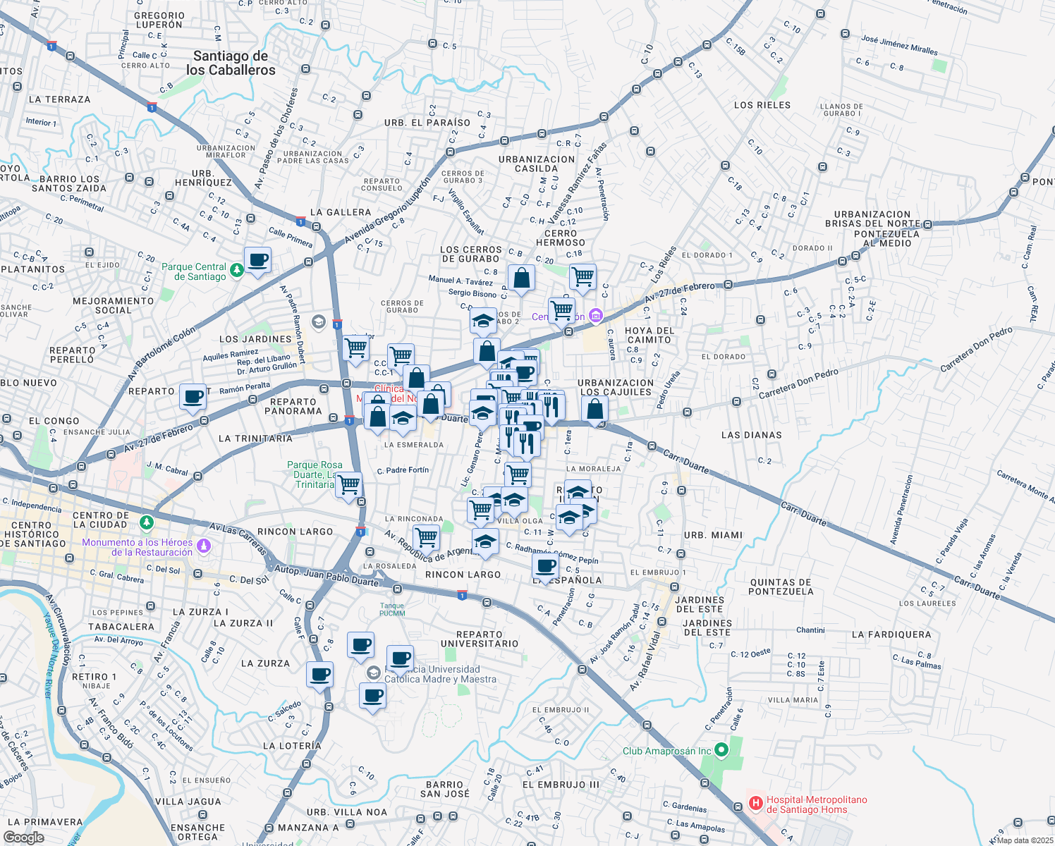 map of restaurants, bars, coffee shops, grocery stores, and more near Avenida Juan Pablo Duarte in Santiago De Los Caballeros