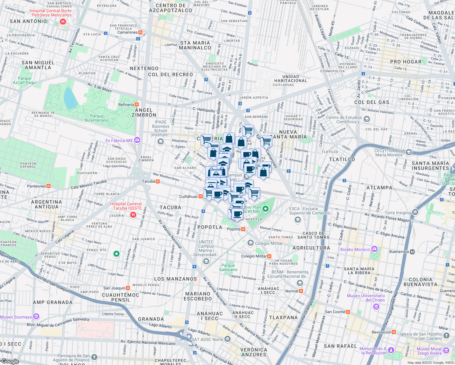 map of restaurants, bars, coffee shops, grocery stores, and more near 2309 Avenida Cuitláhuac in Ciudad de México