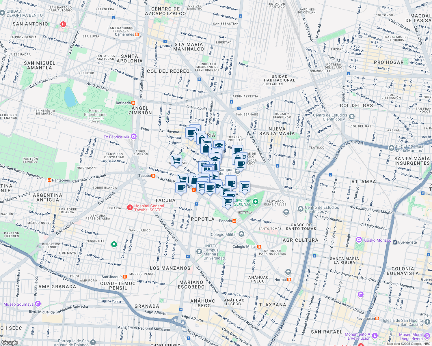 map of restaurants, bars, coffee shops, grocery stores, and more near 2309 Avenida Cuitláhuac in Ciudad de México