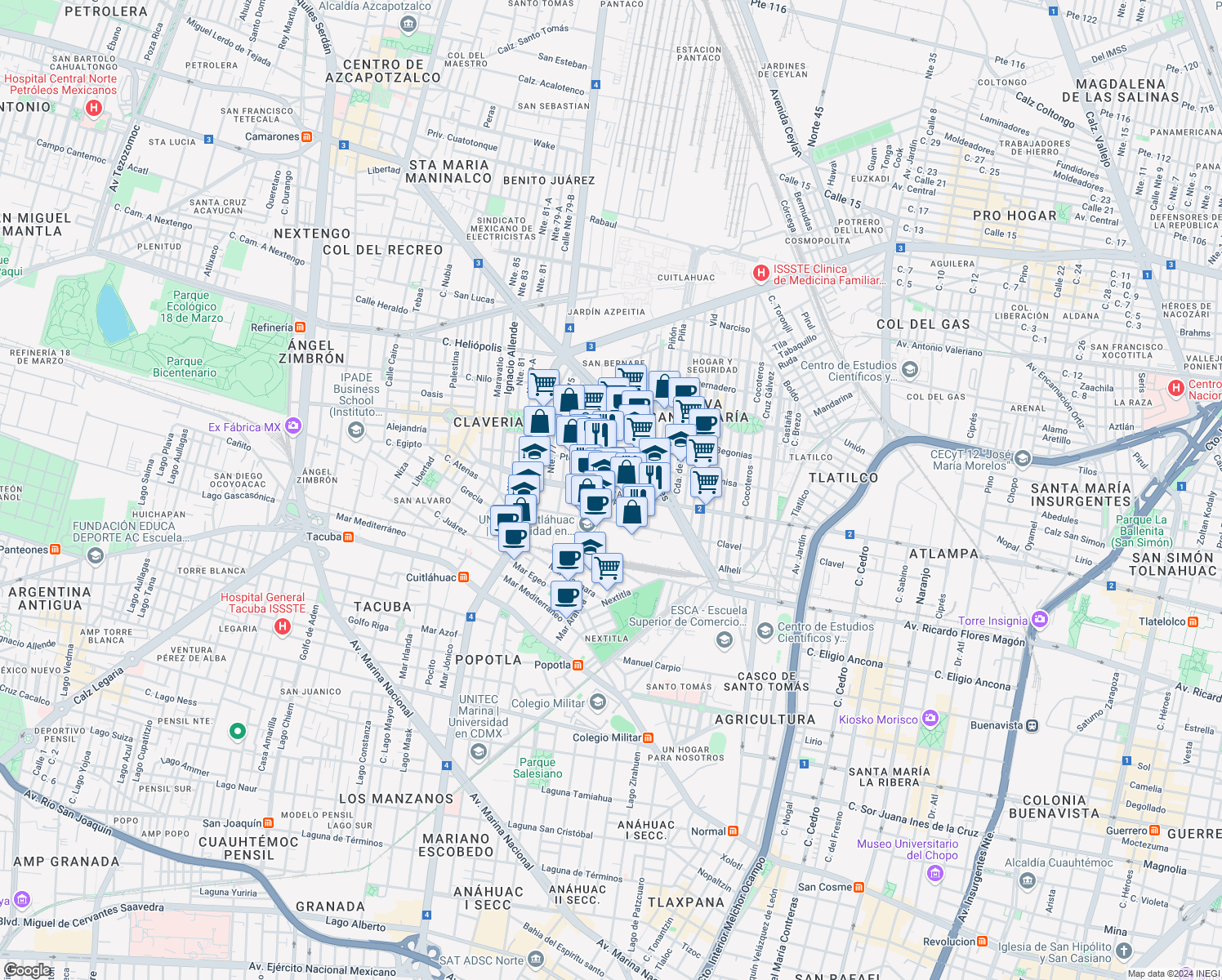 map of restaurants, bars, coffee shops, grocery stores, and more near 3409 Biólogo Maximino Martínez in Ciudad de México