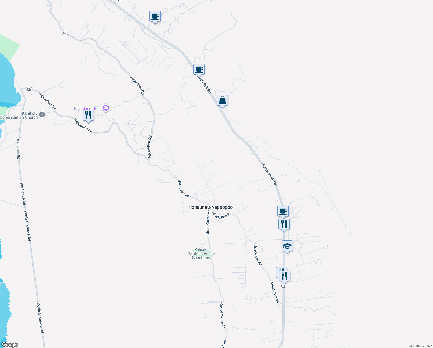 map of restaurants, bars, coffee shops, grocery stores, and more near 83-5614 Rock Bottom Road in Captain Cook