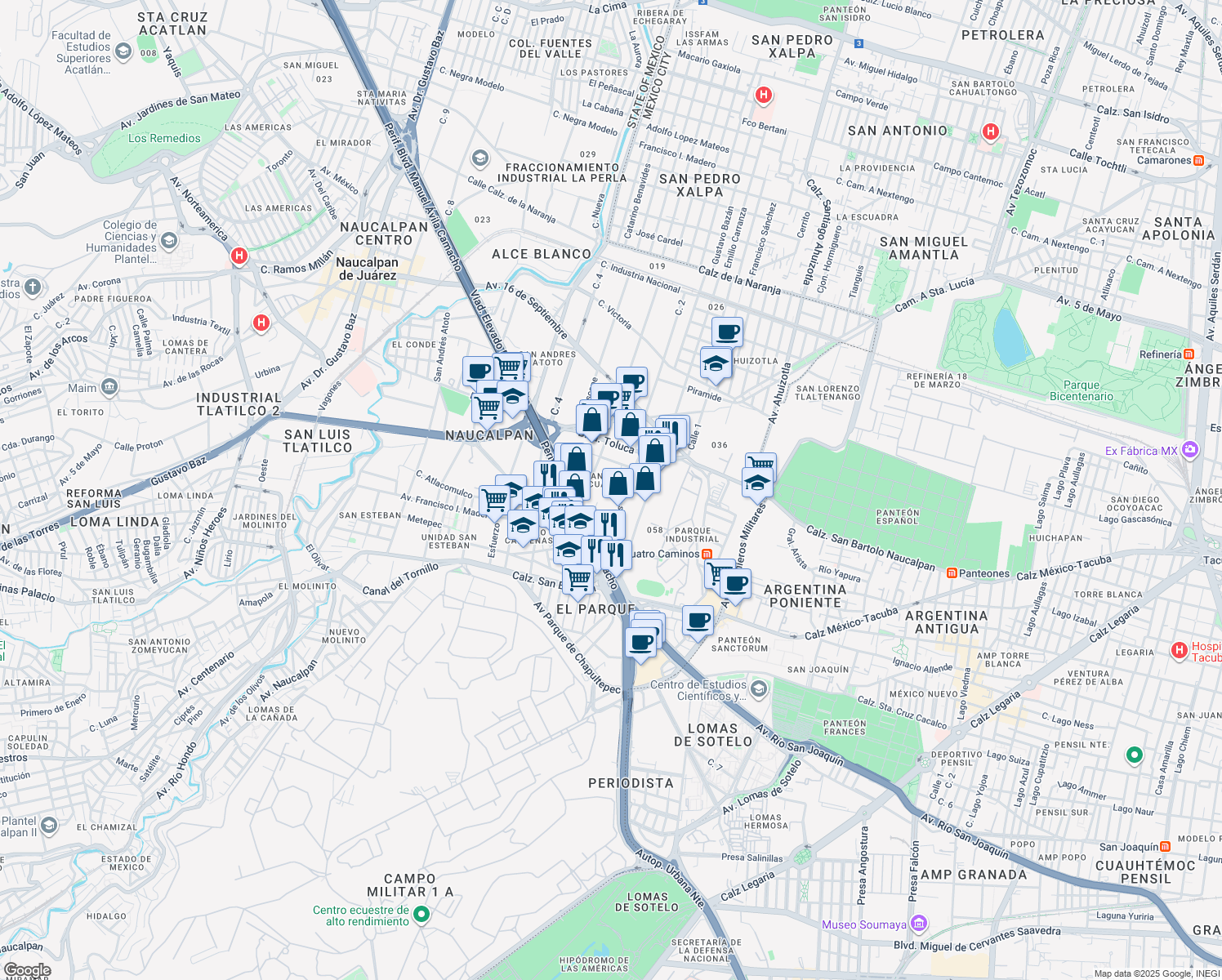 map of restaurants, bars, coffee shops, grocery stores, and more near in Naucalpan de Juárez