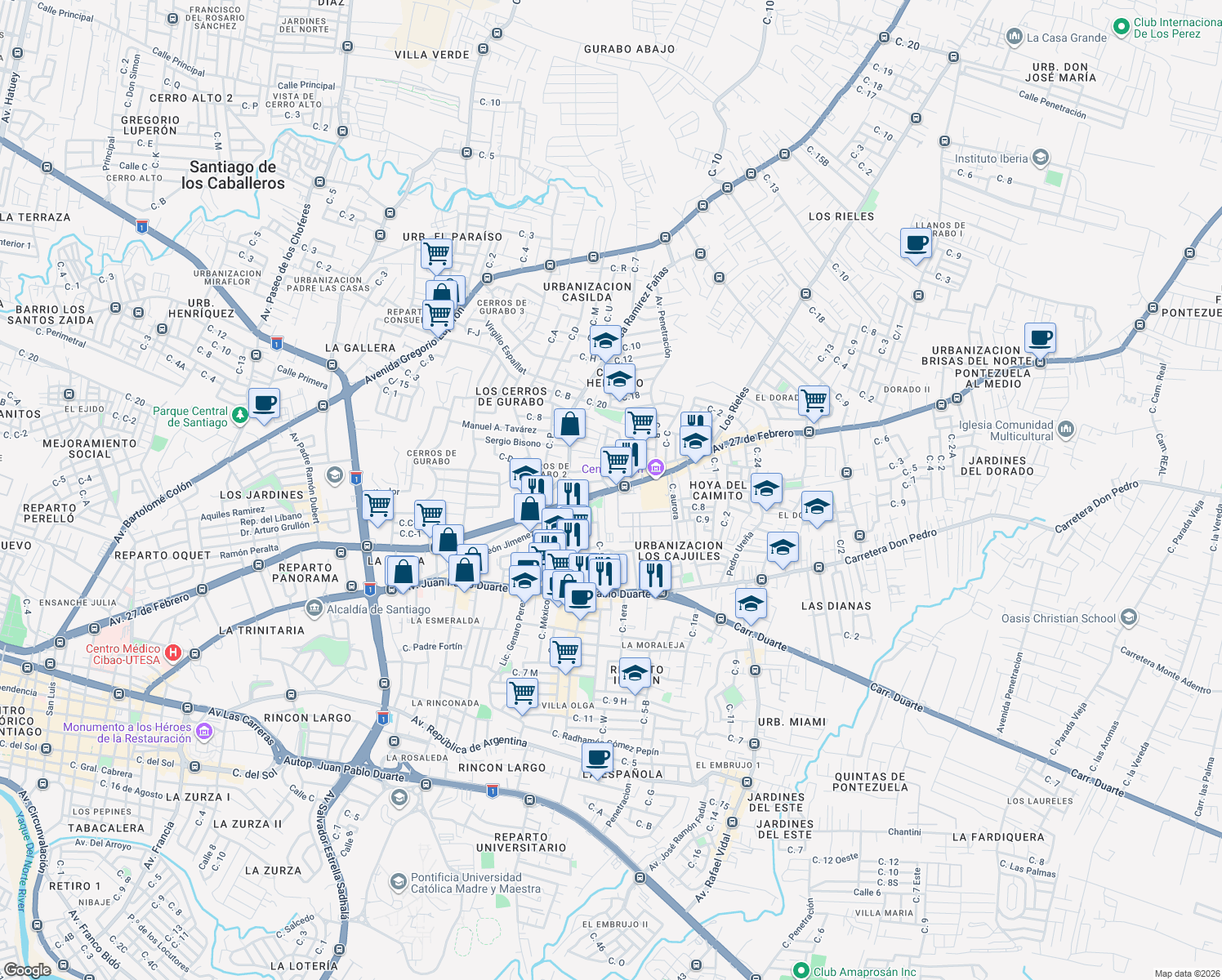 map of restaurants, bars, coffee shops, grocery stores, and more near Avenida 27 de Febrero in Santiago de los Caballeros