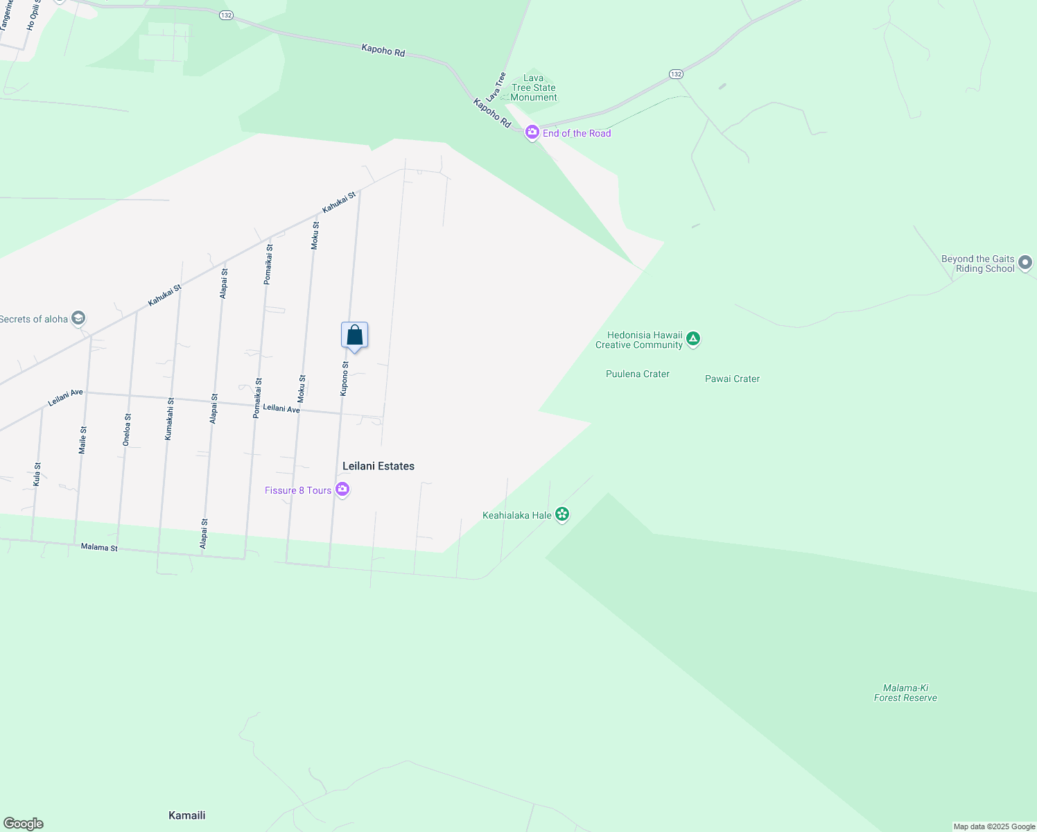 map of restaurants, bars, coffee shops, grocery stores, and more near 13-3467 Hookupu Street in Pāhoa