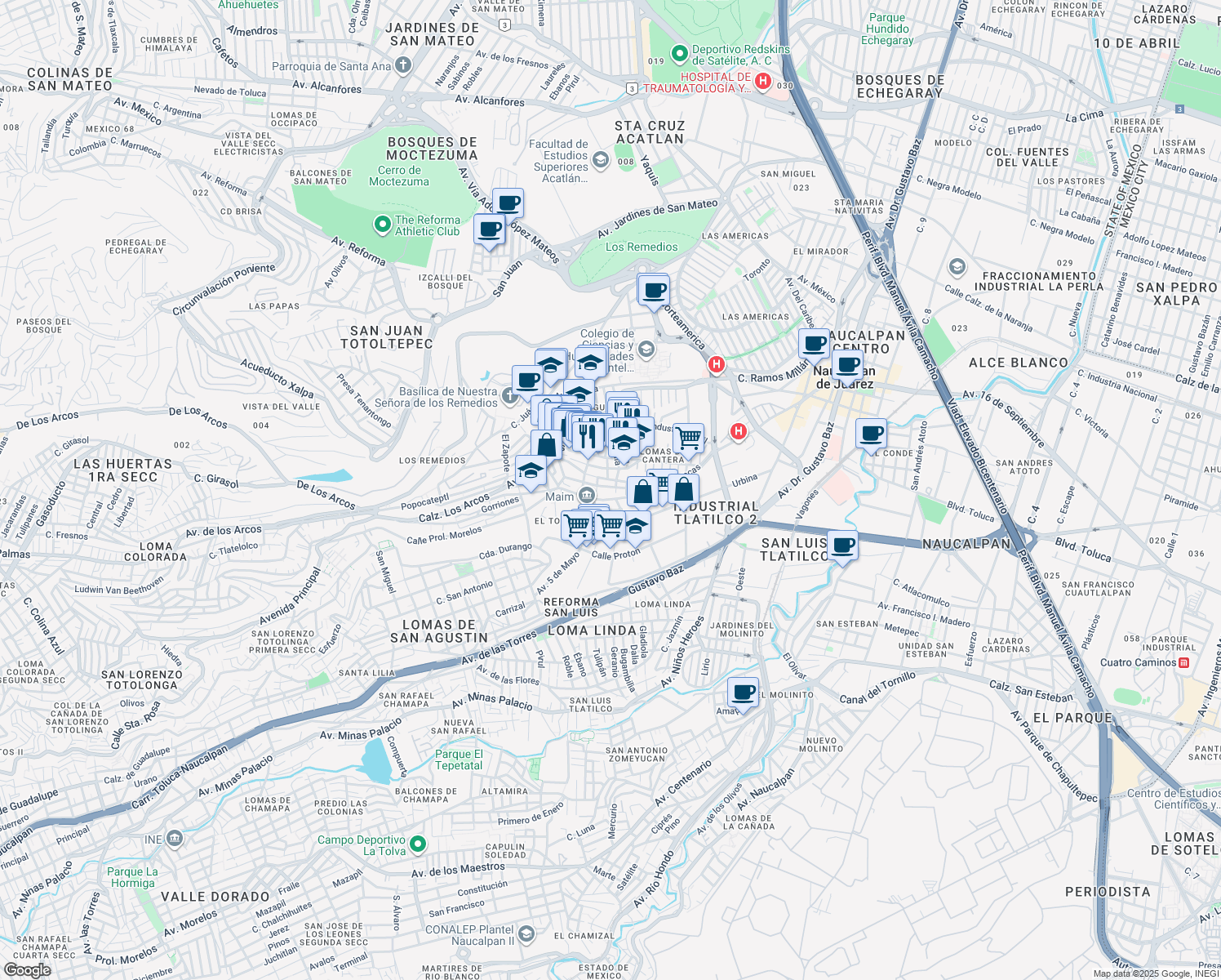 map of restaurants, bars, coffee shops, grocery stores, and more near 8 16 de Septiembre in Naucalpan de Juárez