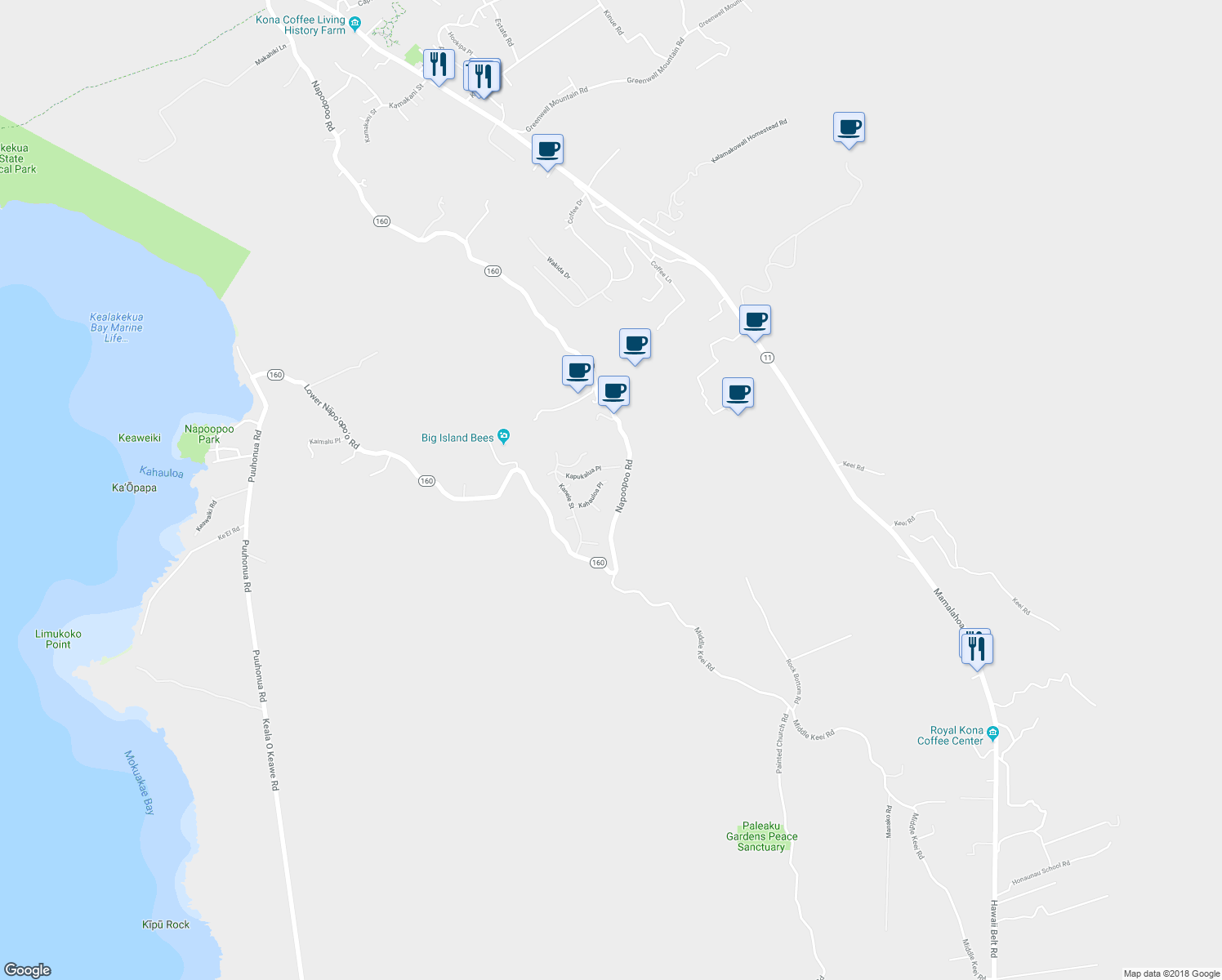 map of restaurants, bars, coffee shops, grocery stores, and more near 83-1028 Kahauloa Place in Captain Cook