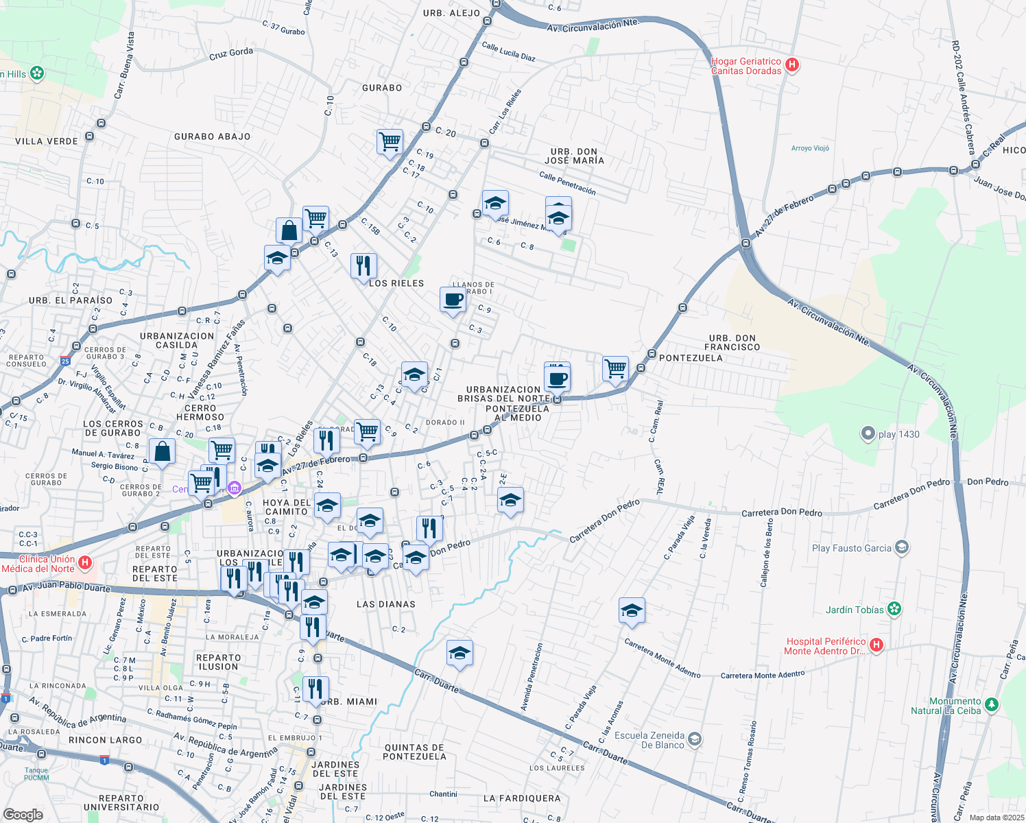 map of restaurants, bars, coffee shops, grocery stores, and more near Avenida 27 de Febrero in Santiago de los Caballeros