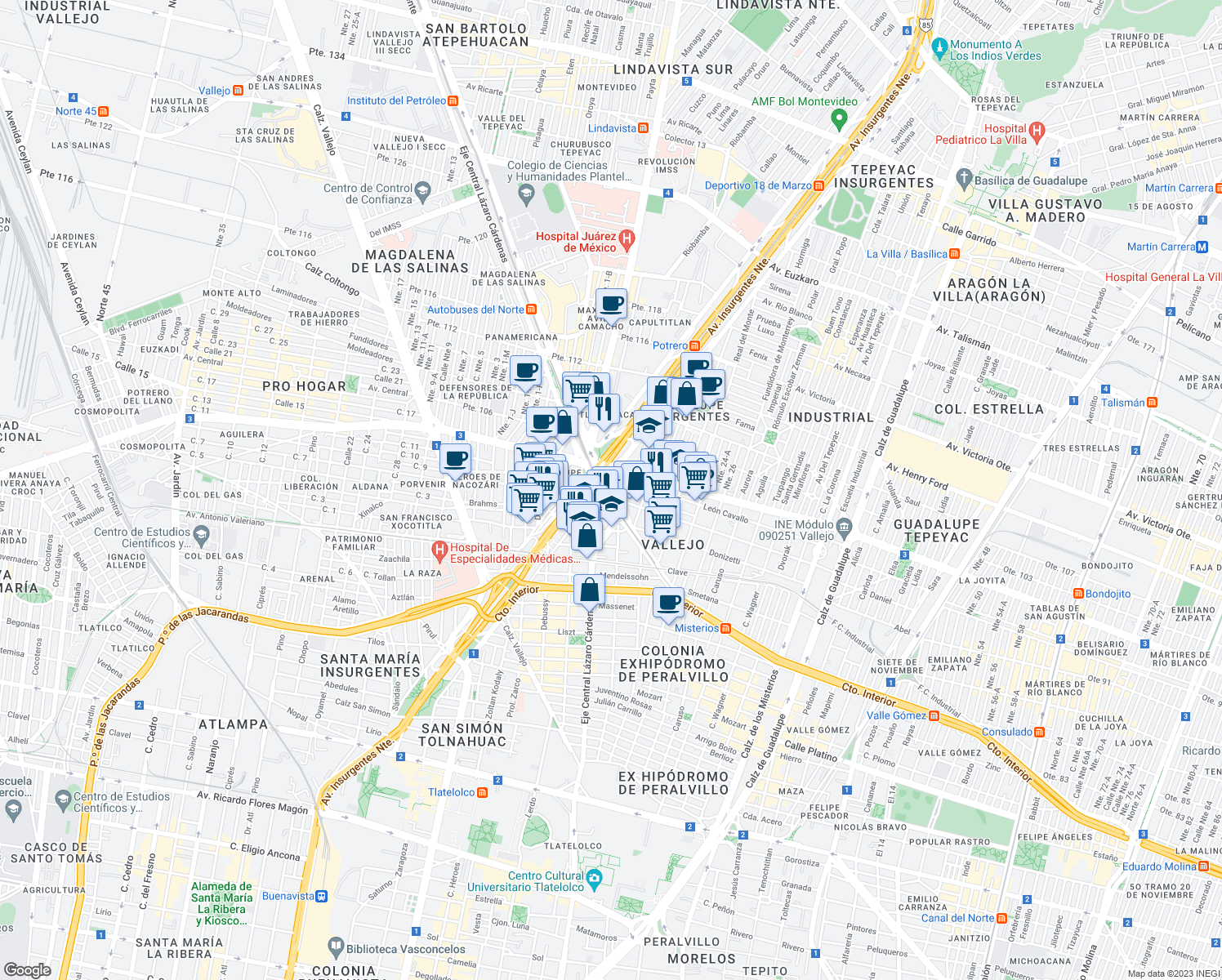 map of restaurants, bars, coffee shops, grocery stores, and more near Avenida Insurgentes Norte in Ciudad de México
