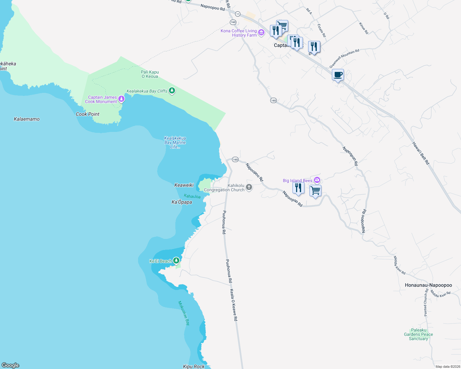 map of restaurants, bars, coffee shops, grocery stores, and more near 82-6286 Puuhonua Road in Captain Cook
