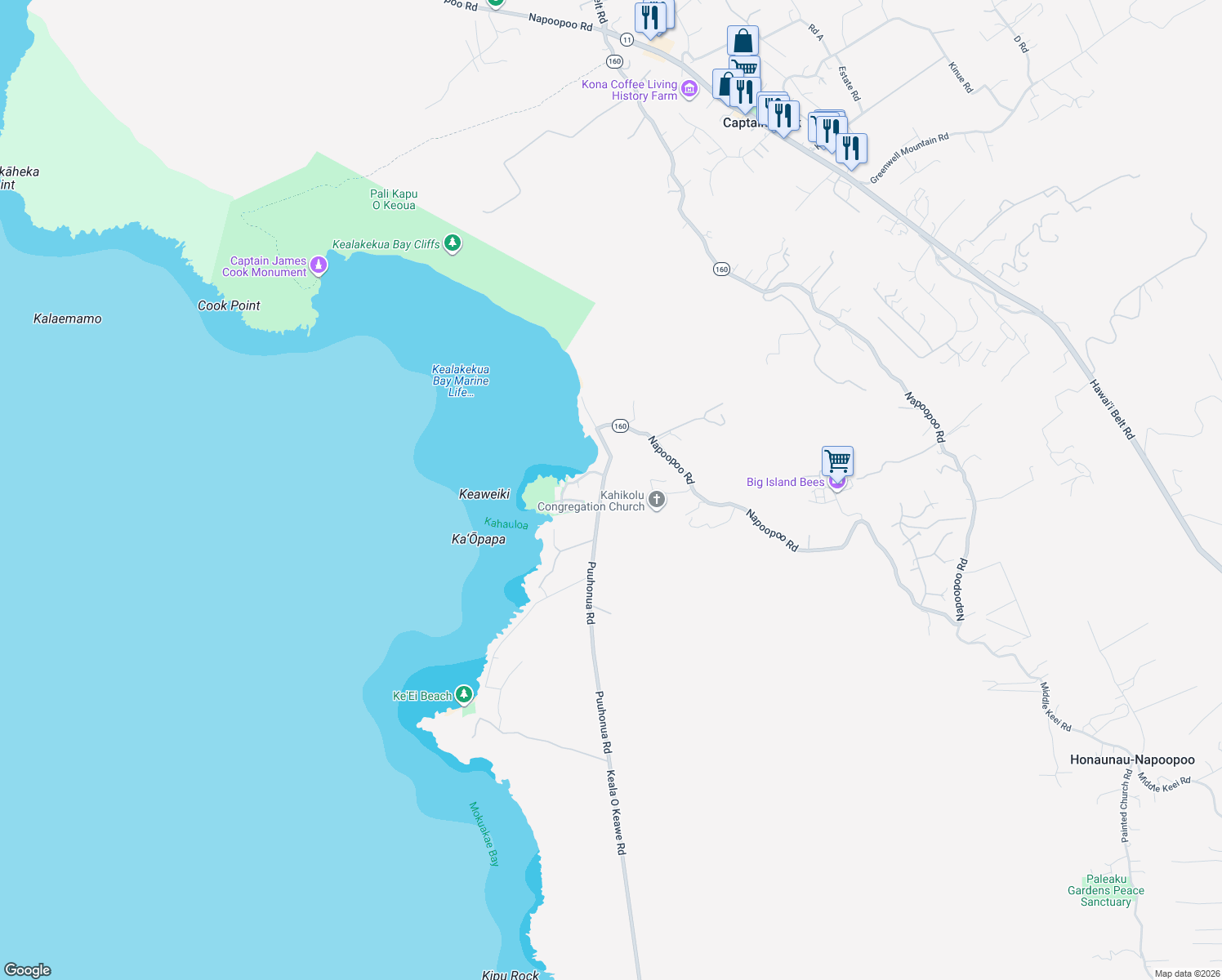 map of restaurants, bars, coffee shops, grocery stores, and more near 82-6286 Puuhonua Road in Captain Cook