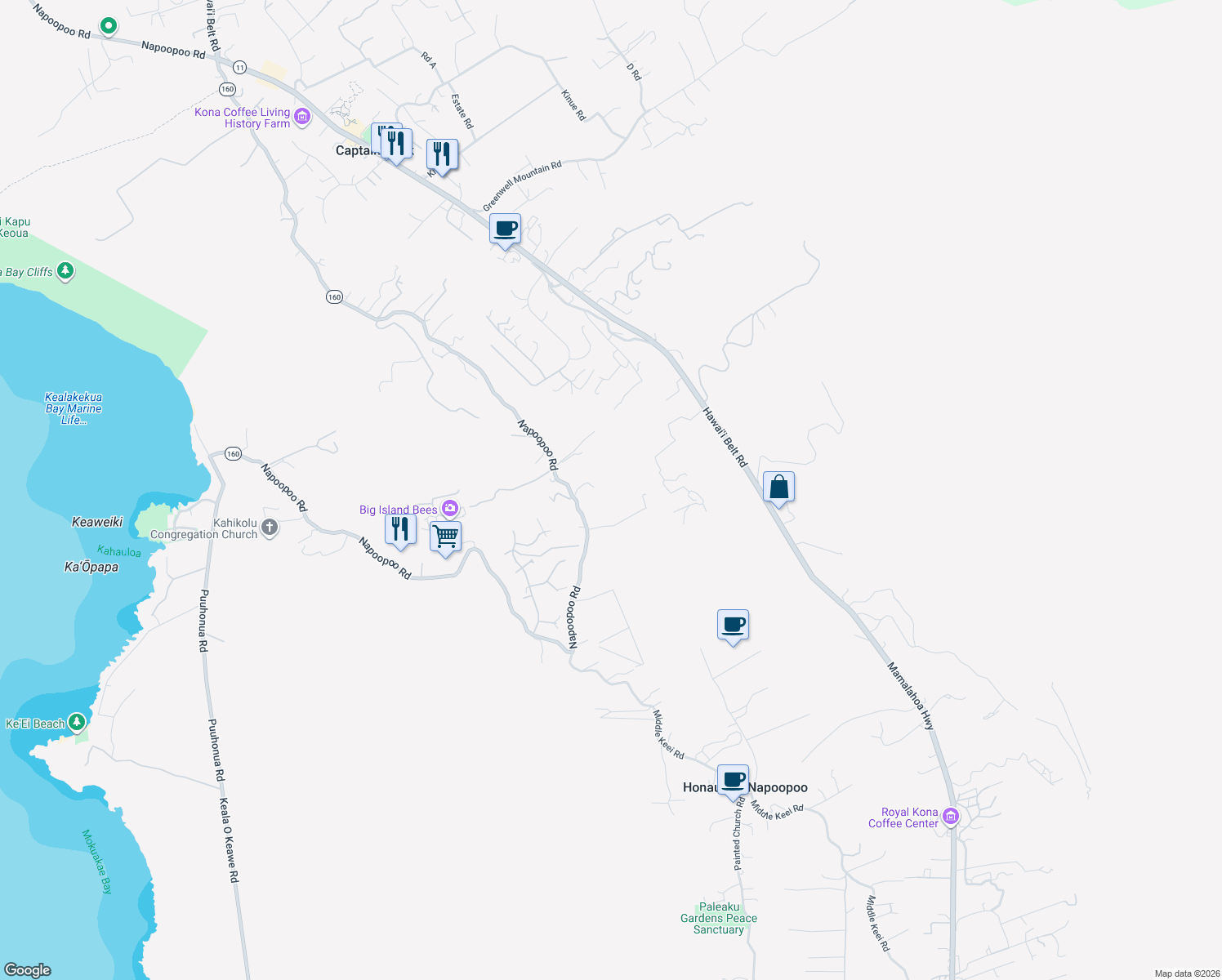 map of restaurants, bars, coffee shops, grocery stores, and more near 83-5782 Napoopoo Road in Captain Cook