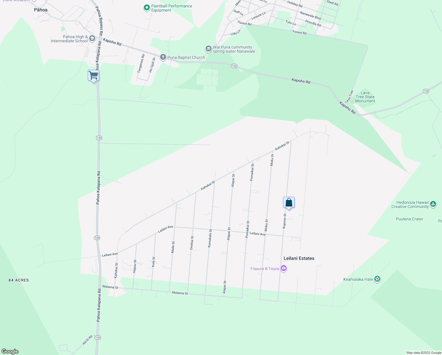 map of restaurants, bars, coffee shops, grocery stores, and more near 13-1059 Kahukai Street in Pāhoa