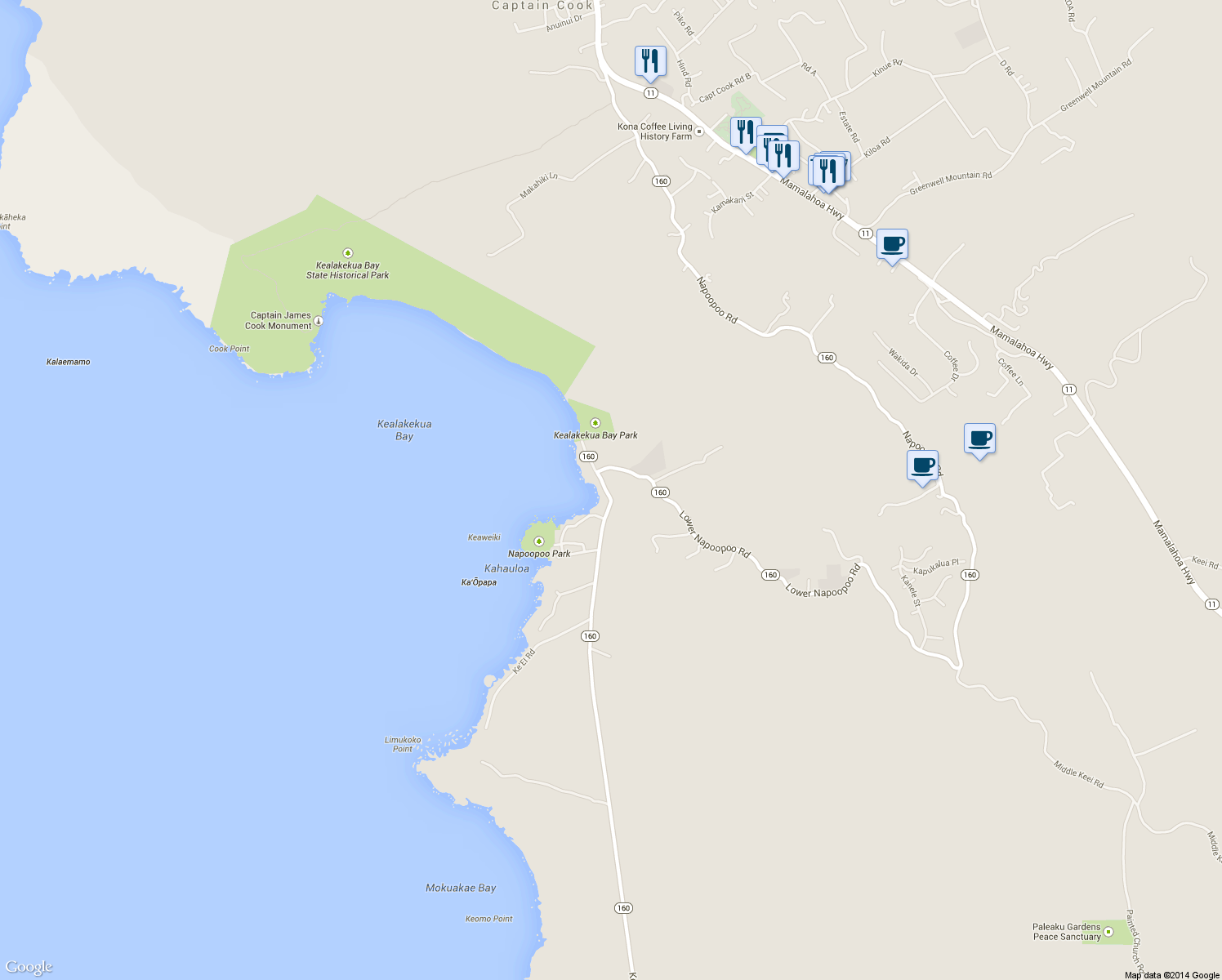 map of restaurants, bars, coffee shops, grocery stores, and more near 82-6016 Puuhonua Road in Captain Cook