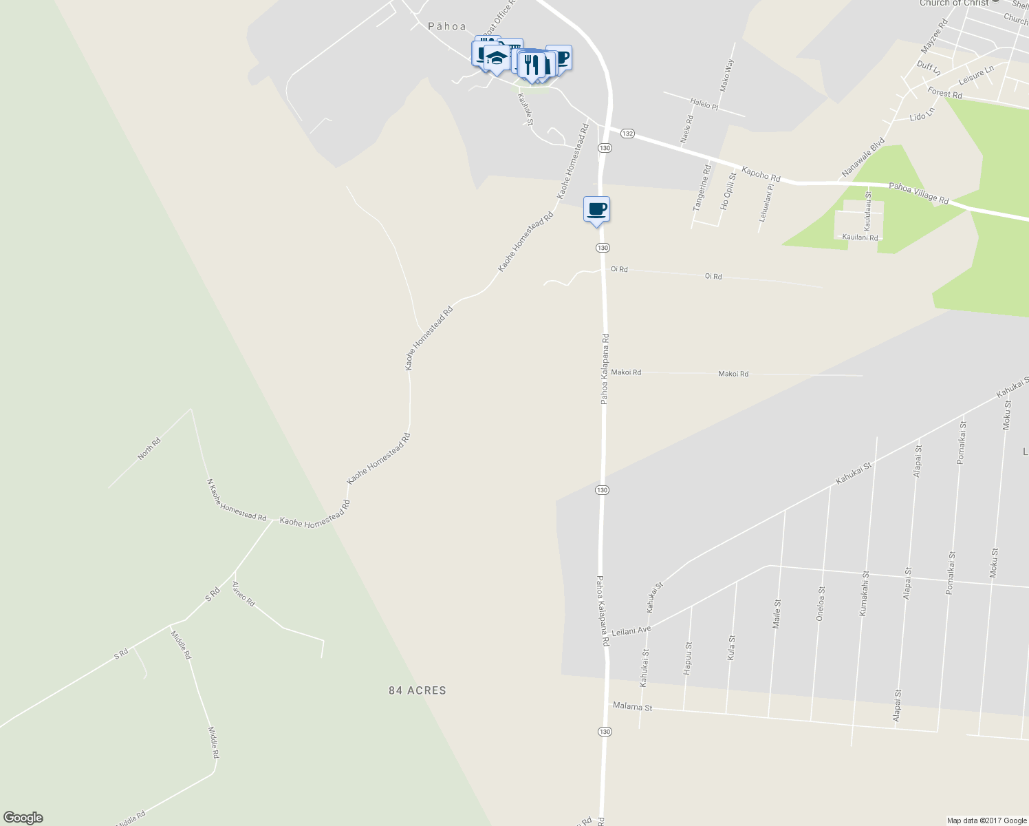 map of restaurants, bars, coffee shops, grocery stores, and more near 13-1368 Launahele Road in Pāhoa