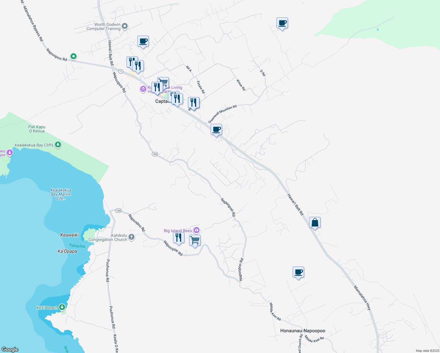 map of restaurants, bars, coffee shops, grocery stores, and more near 82-5957 Wakida Drive in Captain Cook