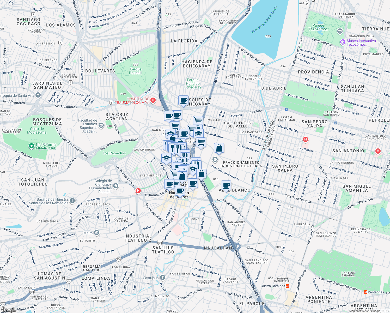 map of restaurants, bars, coffee shops, grocery stores, and more near in Naucalpan de Juárez