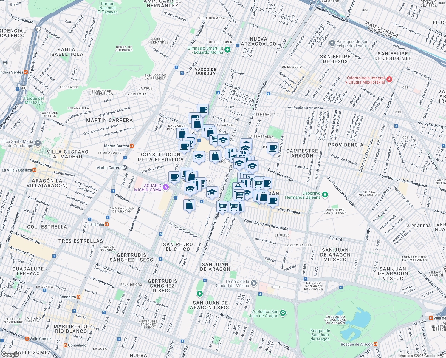 map of restaurants, bars, coffee shops, grocery stores, and more near 600 Cerrada San Juan de Aragón in Ciudad de México