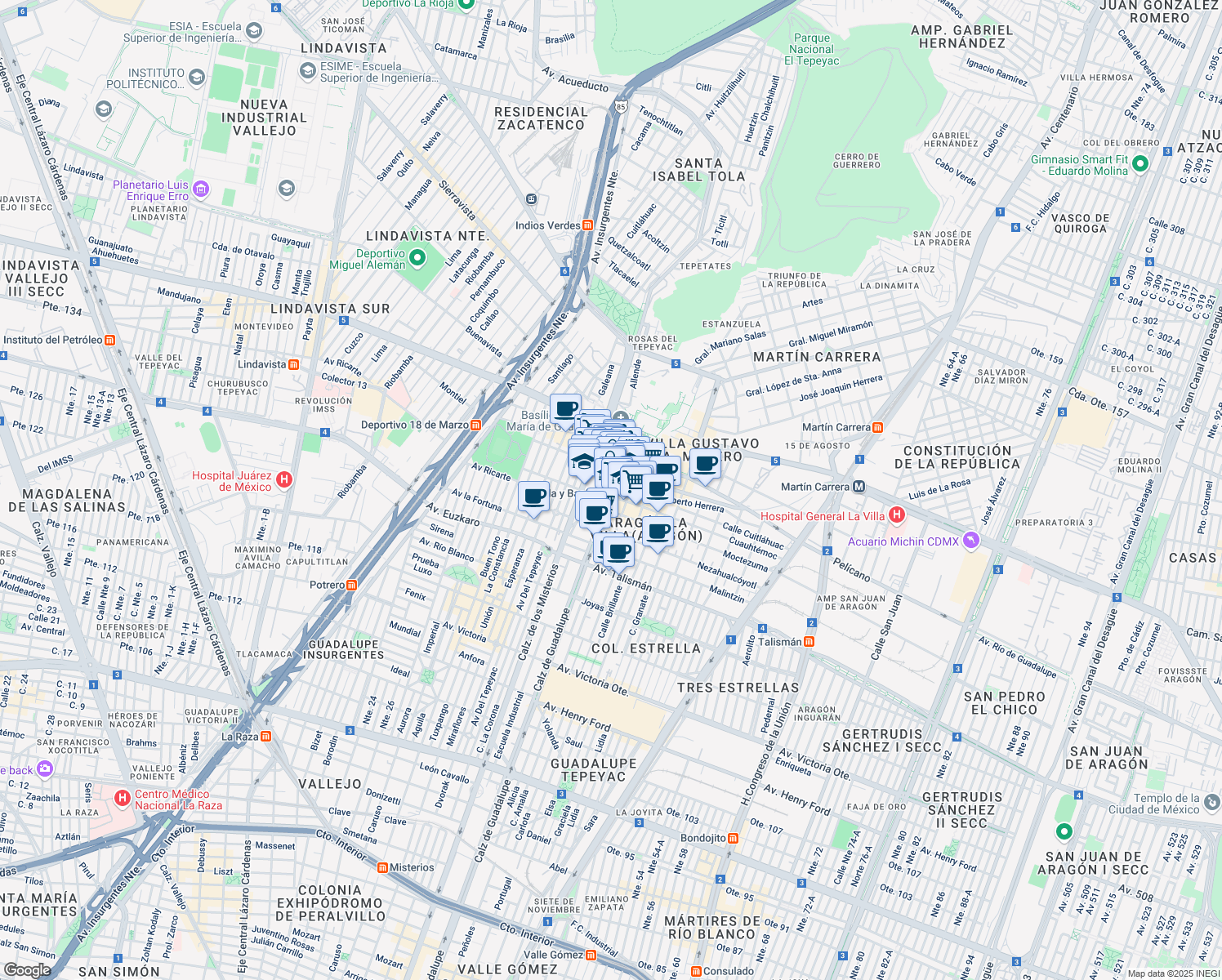 map of restaurants, bars, coffee shops, grocery stores, and more near 720 Calzada de Guadalupe in Mexico City