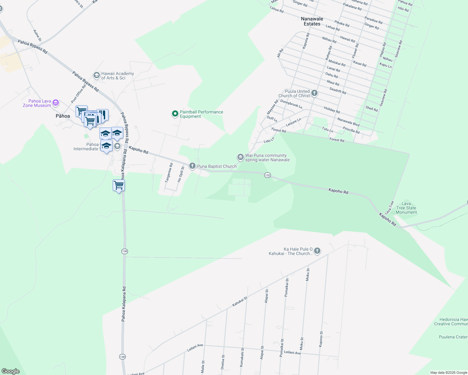 map of restaurants, bars, coffee shops, grocery stores, and more near 14-3280 Pualaa Road in Pāhoa