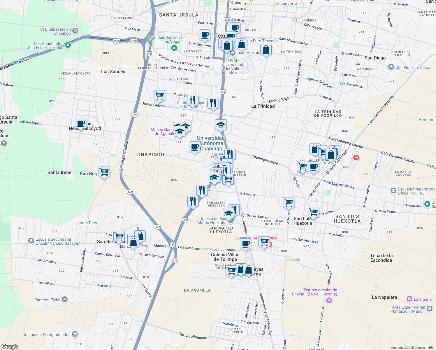 map of restaurants, bars, coffee shops, grocery stores, and more near 5 Carretera Federal México-Texcoco in Texcoco
